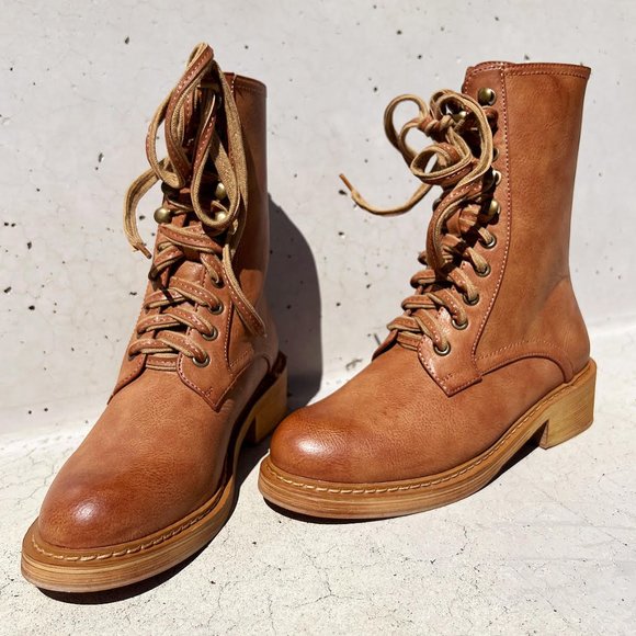 NEW Camel Brown Laced Up Zipper Back Wooden Heel Mid Calf Ankle Combat Boots - Picture 10 of 13